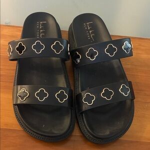 Nicole Miller Black and Gold Sandals